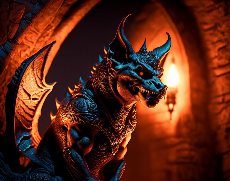 Dragon Statue with Horns and Wings in Fiery Orange Light