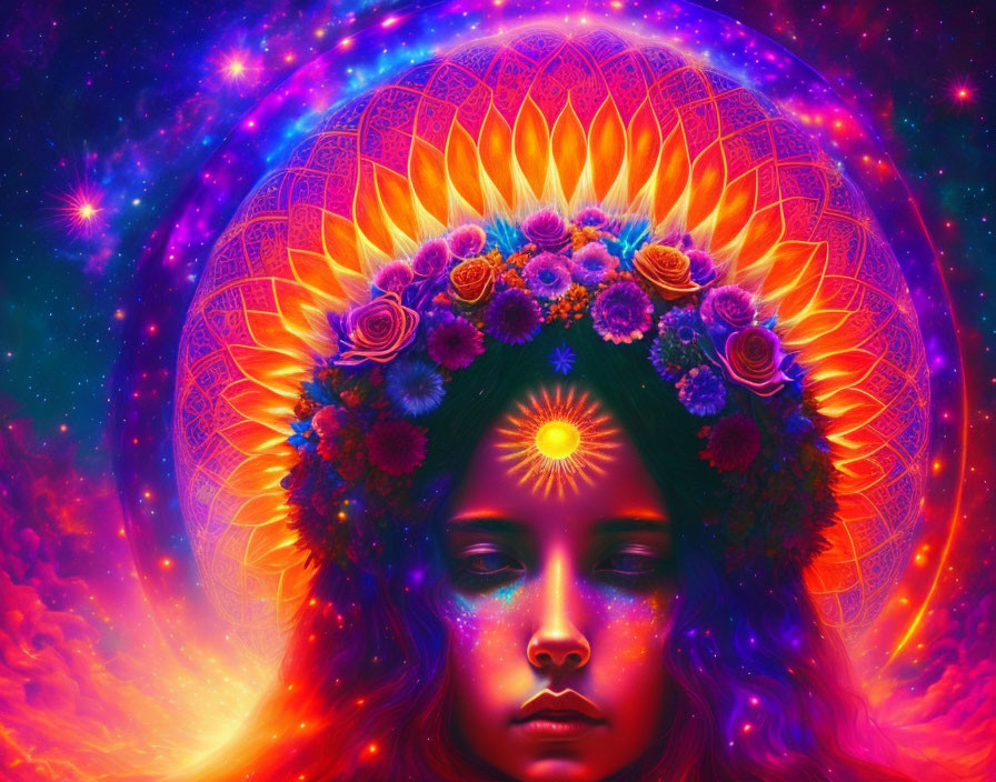 Colorful digital artwork of a woman with floral crown in cosmic setting