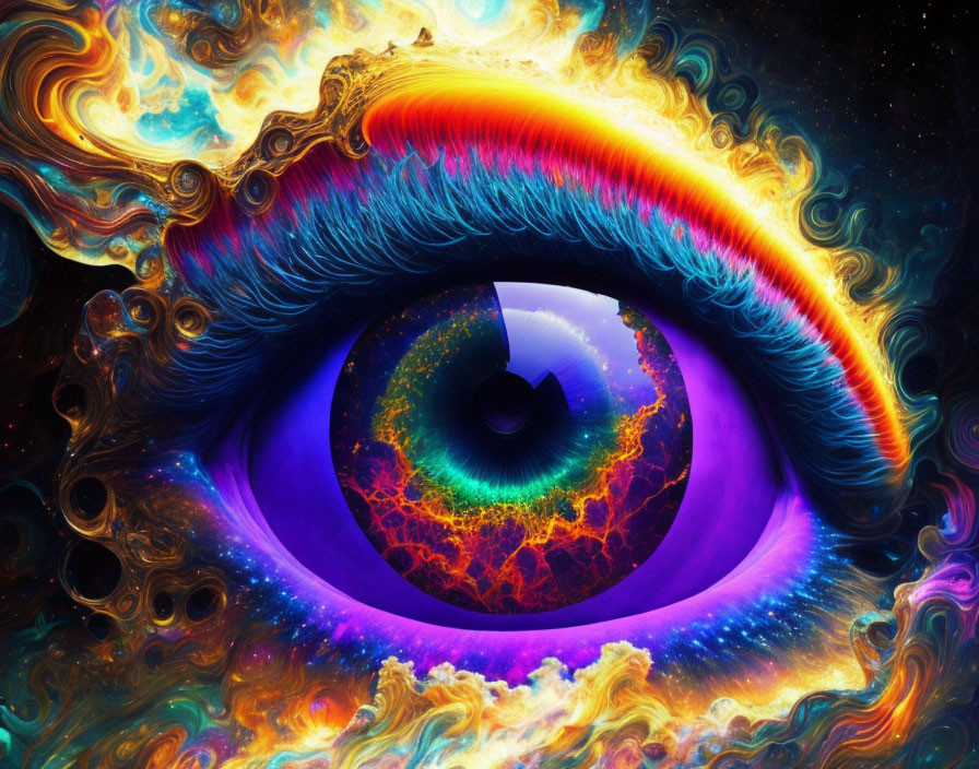 Colorful digital artwork: Eye with cosmic nebula iris and fiery eyelashes