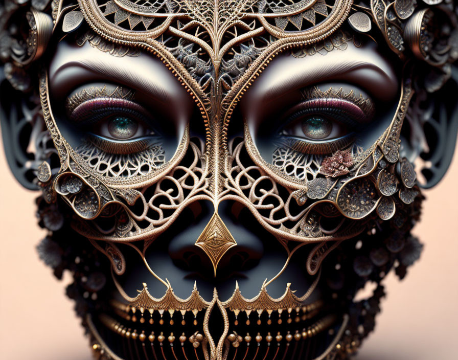 Symmetrical golden filigree mask with detailed eyes and neutral expression