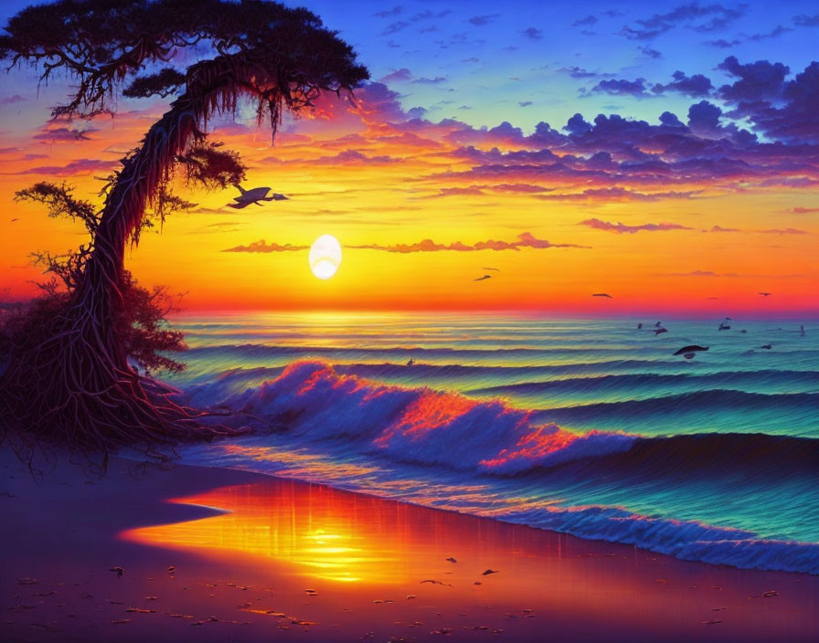 Scenic beach sunset with tree roots, rolling waves, birds, and colorful sky