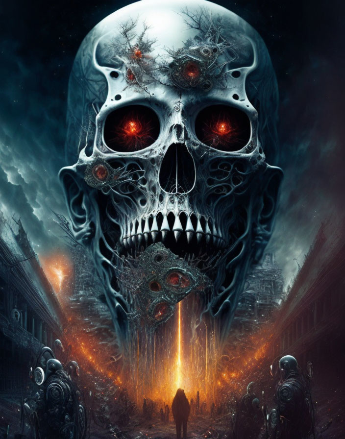 Surreal artwork: Giant skull with red eyes over dystopian landscape