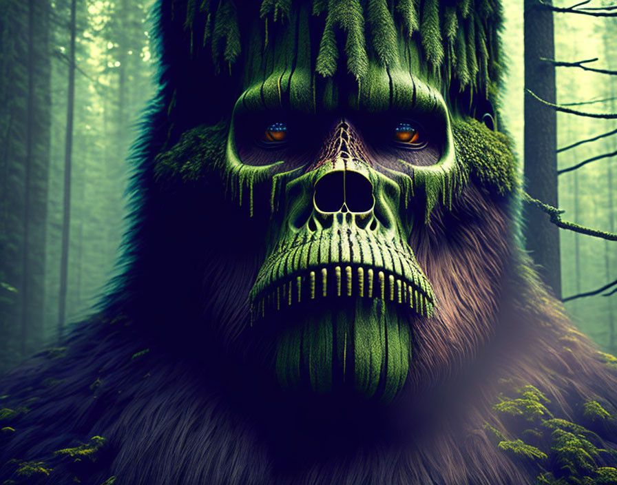 Digital artwork: Gorilla-faced creature with skull mask in foggy forest