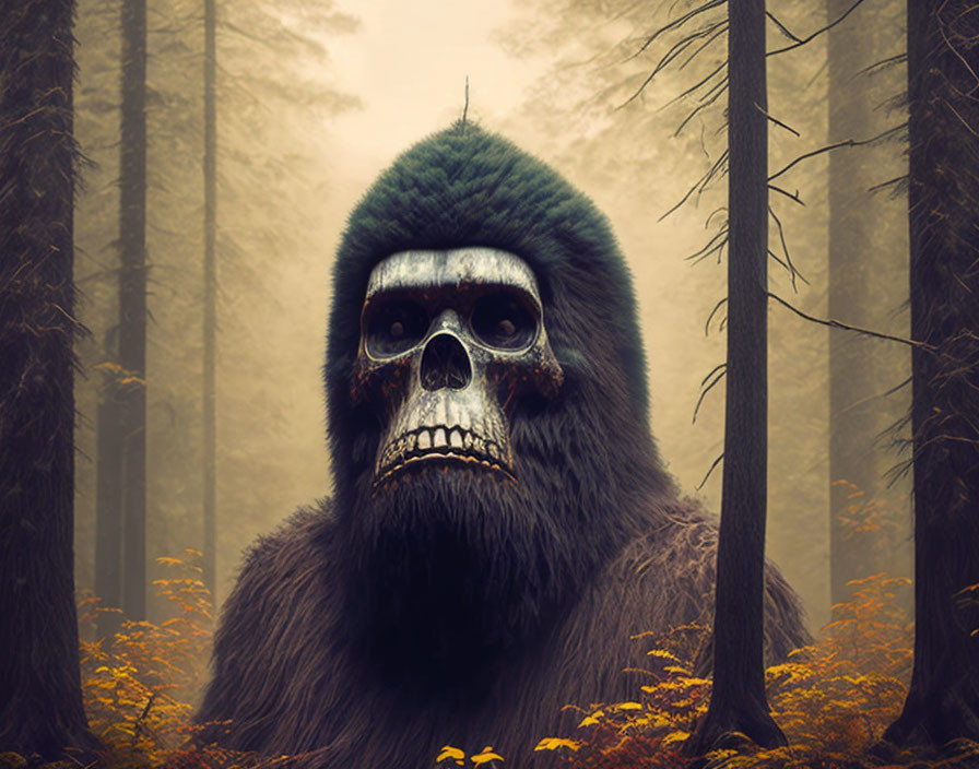 Gorilla-like Creature with Skull-like Face in Misty Autumn Forest