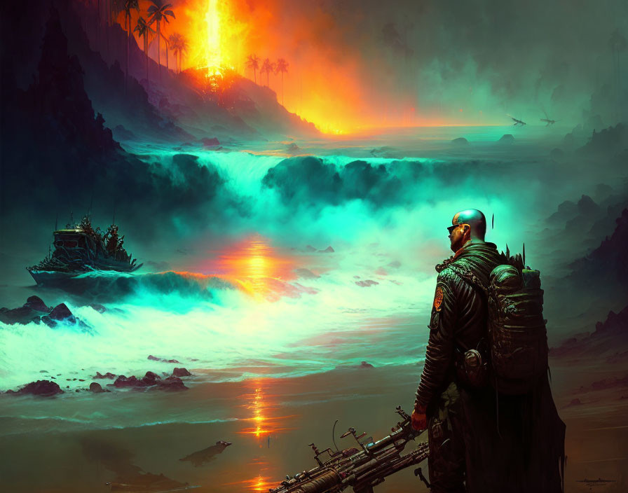 Spacesuit figure in mystical landscape with lava fall, stranded ship, and foggy water.