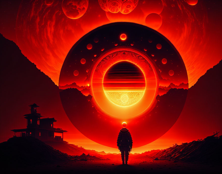 Surreal landscape with colossal moons, portal, and red-orange palette