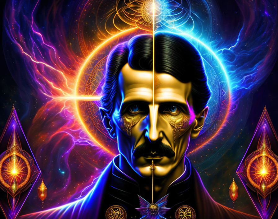 Colorful portrait of Nikola Tesla with neon colors and electric symbols