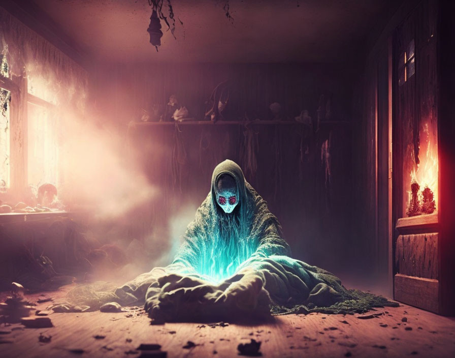 Hooded figure with glowing blue face in mystical ritual surrounded by eerie dolls