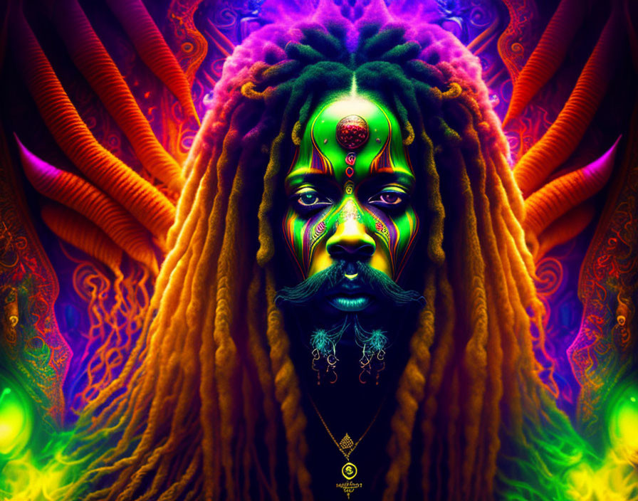 Colorful digital portrait with dreadlocks, third eye, and horns