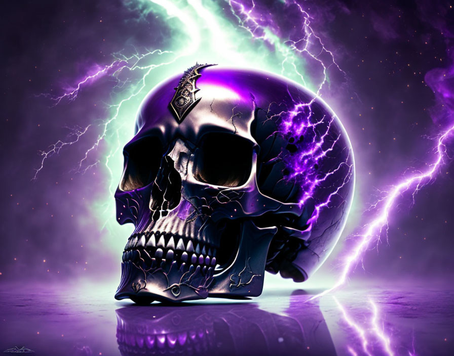 Metallic skull with crown on purple backdrop with lightning bolts and glowing sphere.