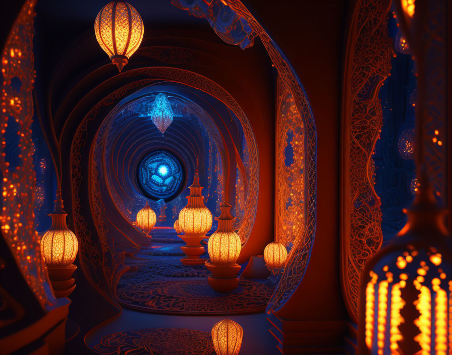 Intricate lantern-lit corridor with arabesque architecture