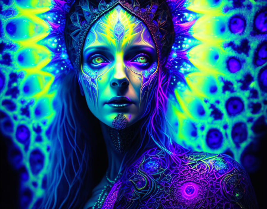 Vibrant neon body paint on person with intricate designs against psychedelic backdrop