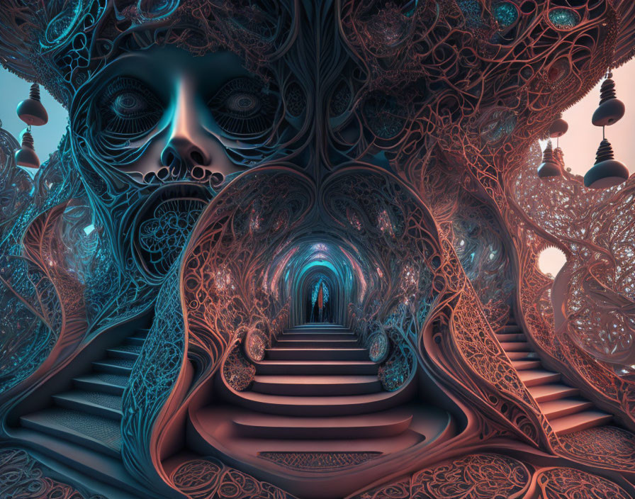 Intricate surreal fractal landscape with skull-like visage and archway.