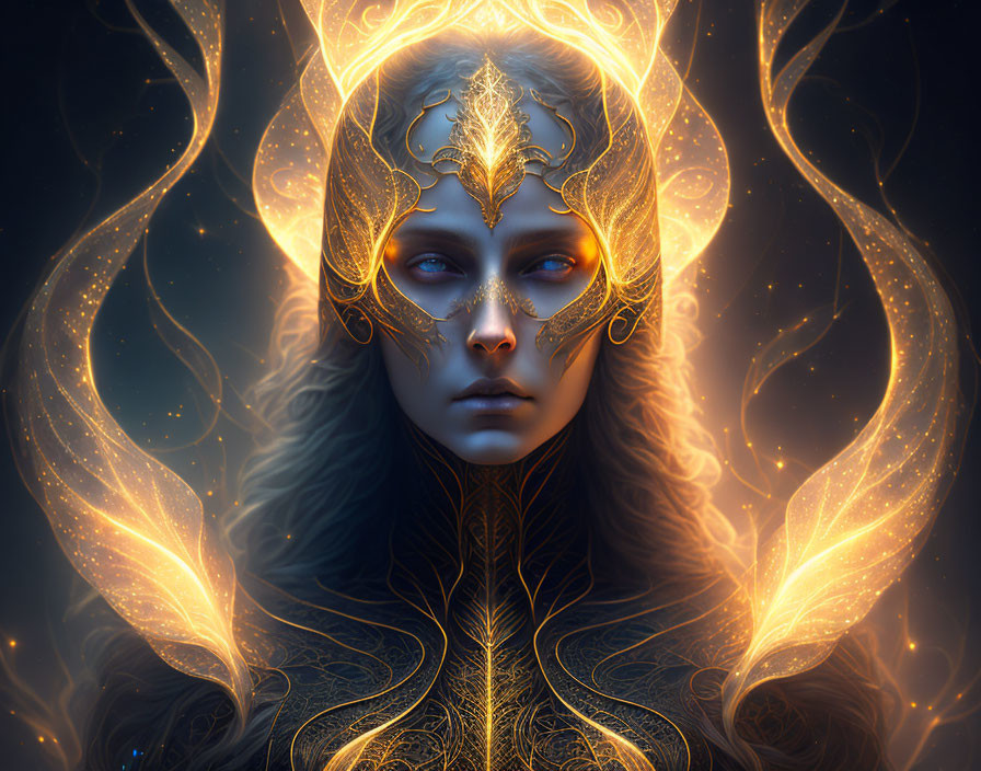 Mystical female figure with golden filigree headdress in dark, starry setting