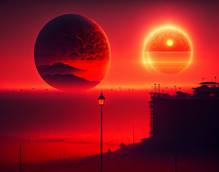 Red surreal landscape with celestial bodies above silhouetted pier & street lamps