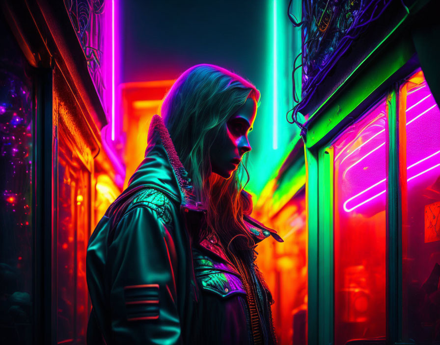 Profile of a woman under vibrant neon lights in a city street at night