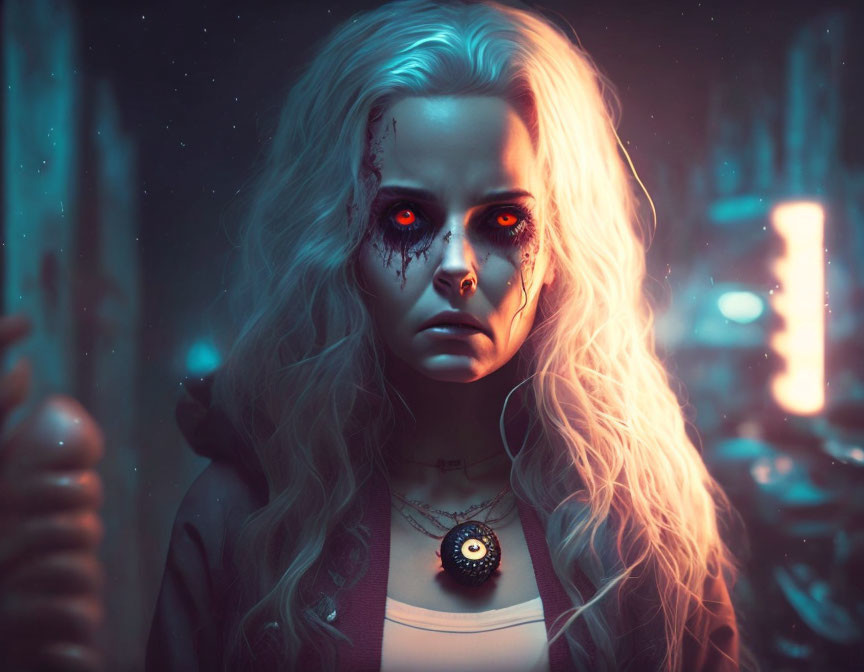 Supernatural woman with glowing red eyes in neon-lit setting