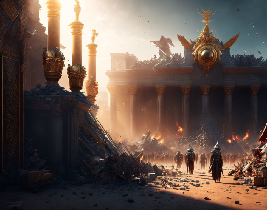 Fiery battle scene at grand, crumbling temple with soldiers and birds in chaos