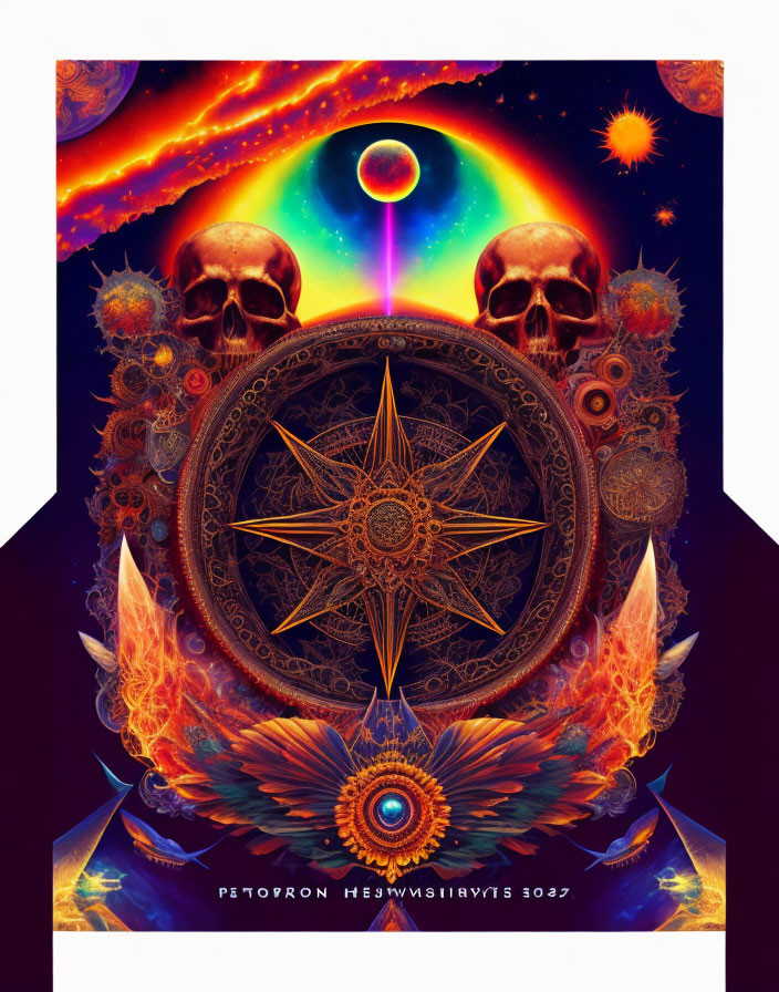 Colorful Psychedelic Artwork: Skulls, Geometric Patterns, Celestial Bodies, Wings