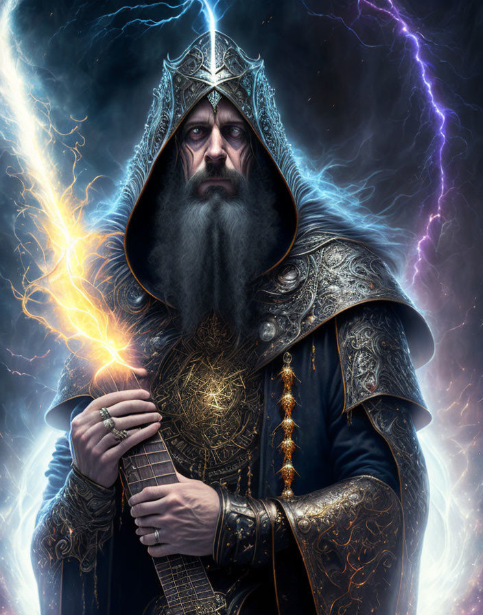 Regal wizard in medieval robes with glowing staff in lightning storm.