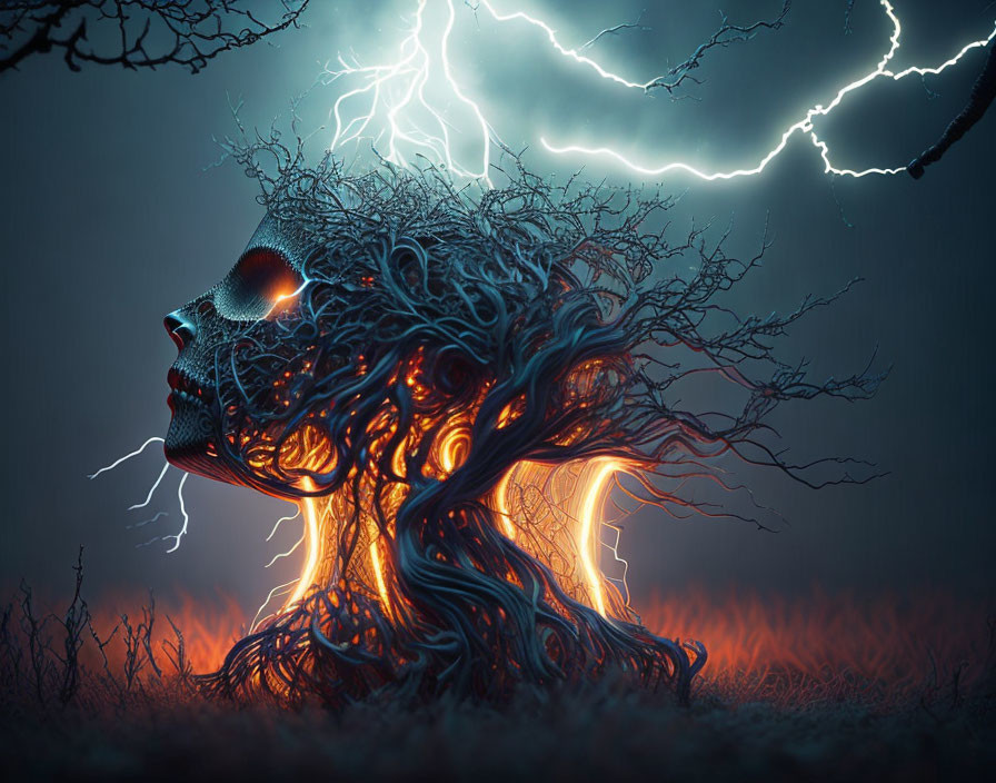 Surreal illustration of glowing tree with human face profile in stormy setting