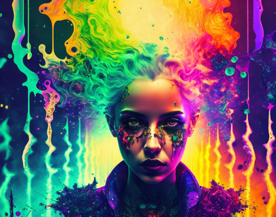 Colorful psychedelic portrait of a woman with paint and glitter on face