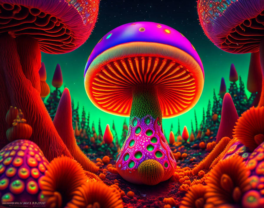 Fantastical mushroom forest with neon colors and bioluminescent fungi