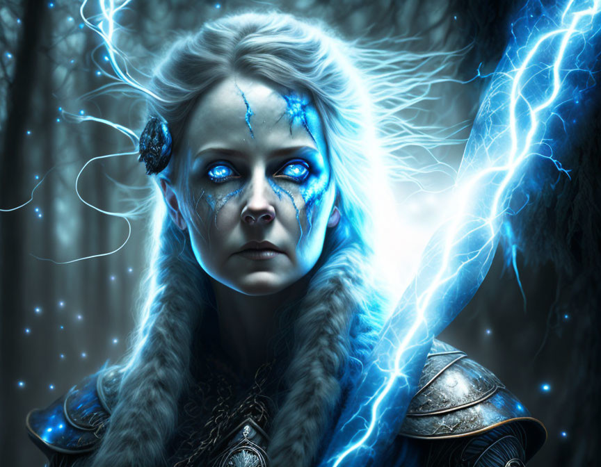 Mystical female figure with electric blue eyes and skin markings in armor surrounded by blue lightning and star