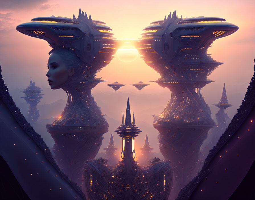 Surreal futuristic cityscape merges with woman's face at sunset