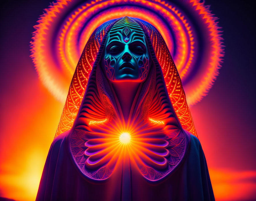 Colorful digital artwork: Figure in neon robe with fractal patterns on gradient backdrop