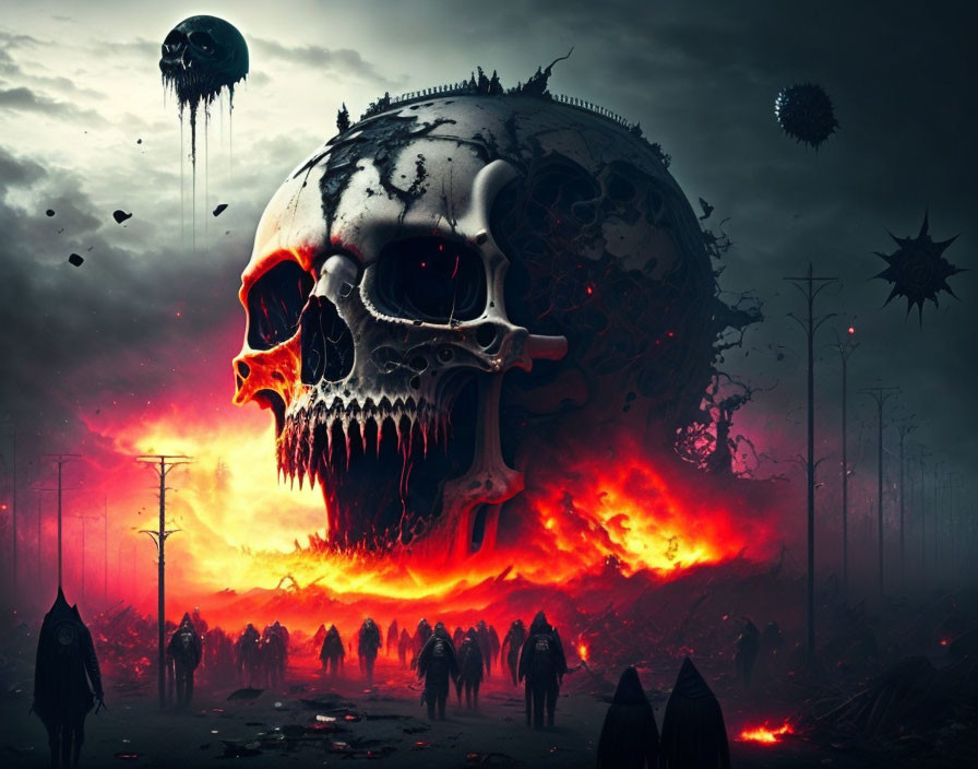 Dystopian landscape with giant skull, fiery terrain, shadowy figures, and dark sky.