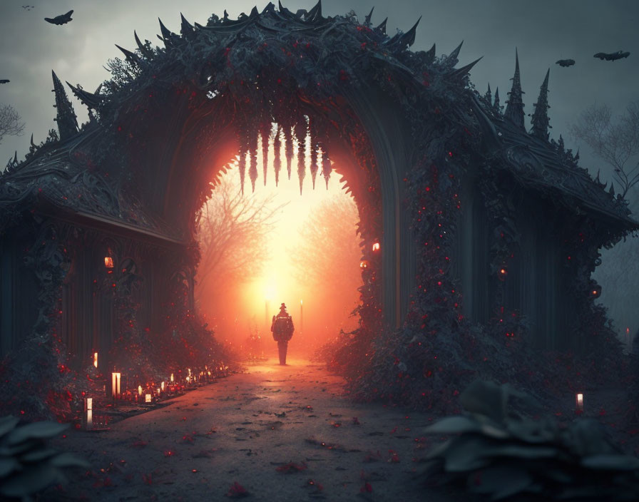 Figure standing at gothic archway with red flowers and candles under red sunset