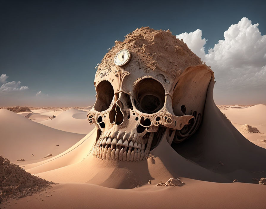 Large skull with clockwork eye in desert with sand dunes under cloudy sky