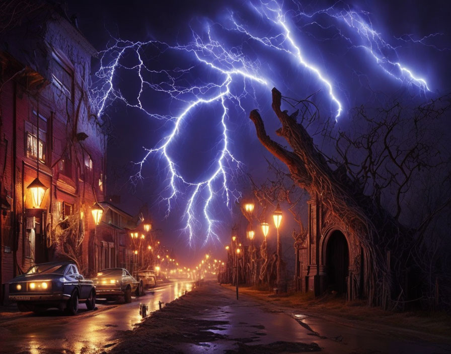 Deserted street at night with vintage lampposts, parked cars, lightning bolt, leaf