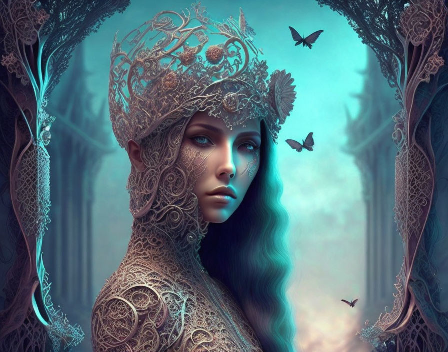 Mystical woman with silver headpiece in magical forest.