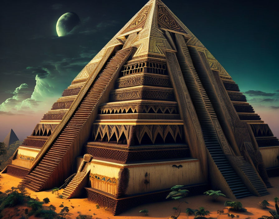 Stepped pyramids with intricate patterns under twilight sky and large moon in desert landscape.