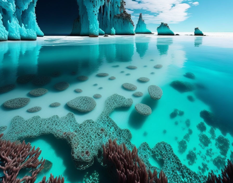 Turquoise Waters, Coral Formations, Icebergs, Blue Sky