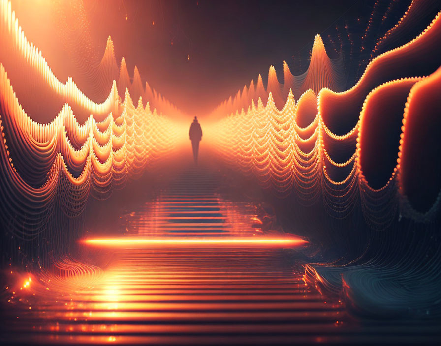 Surreal glowing corridor with wave-like walls under reddish light