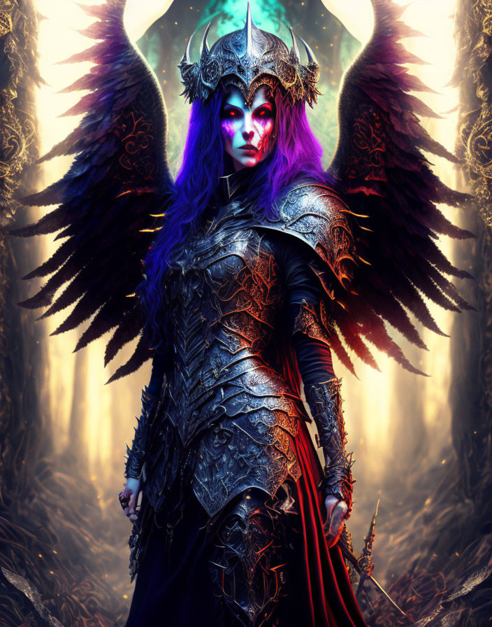 Purple-skinned fantasy character with black wings and ornate armor against glowing backdrop