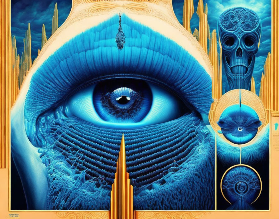 Detailed surreal artwork: Large blue eye, golden structures, anatomical and abstract elements