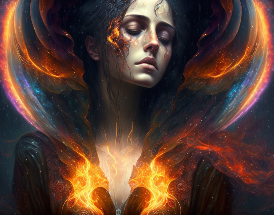 Mystical woman with closed eyes in cosmic flames.