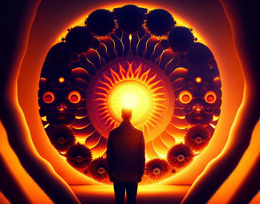 Person standing before radiant circular design with ornate patterns and silhouettes on intense orange backdrop