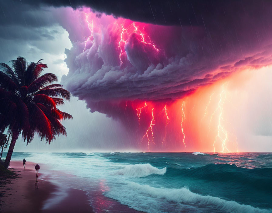 Stormy Beach Scene: Dark Clouds, Purple Lightning, Waves, Palm Trees