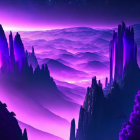 Surreal Purple Landscape with Towering Spires and Starry Sky