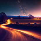 Winding dirt road under dramatic night sky with lightning