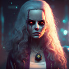 Supernatural woman with glowing red eyes in neon-lit setting