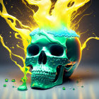 Colorful 3D illustration: Neon green skull with fiery liquid splashes