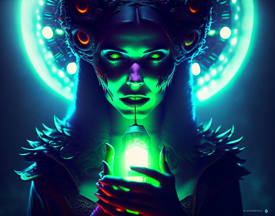 Mystical woman with glowing green eyes and ornate headgear holding luminous bottle surrounded by eth