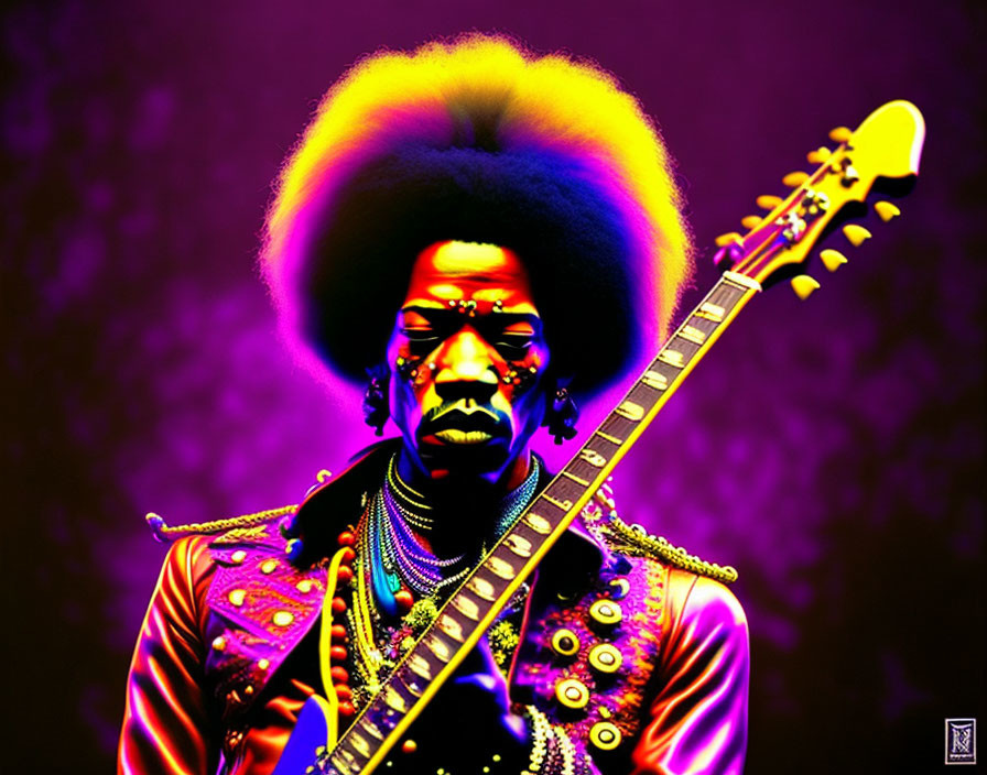 Person with Large Afro and Guitar in Vibrant Makeup on Psychedelic Purple Background