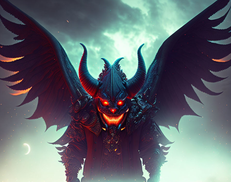 Menacing fantasy creature with red eyes and black wings under a dusk sky